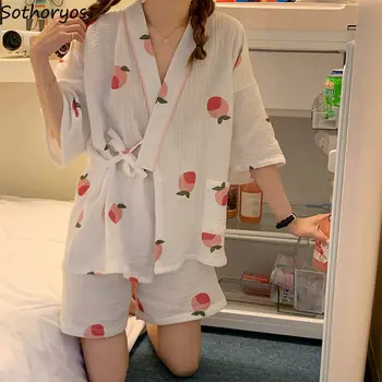 Pijama Setleri Kadın Pembe Baskı Tatlı Kız V Yaka Dantel-up Pijama Kısa Kollu Kimono Gevşek Şort Yaz Kawaii 2 parça Salonu 15