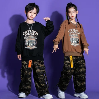 Çocuk Hip Hop Giyim Baskı Kazak Üst Kamuflaj Taktik Kargo Pantolon Kız Erkek Caz dans kostümü Giysileri Kıyafetler Set 9