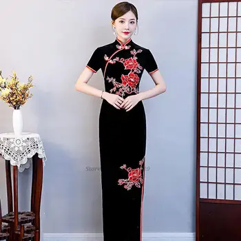 2022 çin geliştirilmiş qipao uzun elbise oryantal standı yaka zarif vietnam aodai çiçek nakış parti elbise oryantal qipao