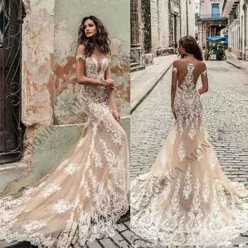 MONİCA Klasik Derin V Boyun düğün elbisesi Kapalı Omuz Tül Backless Aplike Plaj Gelin Elbise bestidos de novia 2022 Yeni 14