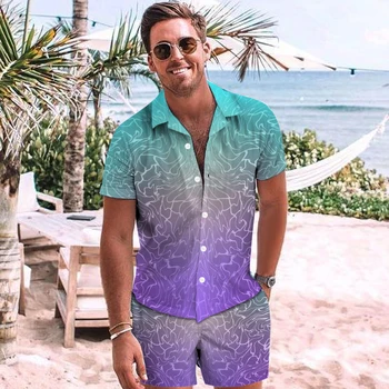 Yeni Moda Erkekler Hawaii Gömlek Setleri Yaz Chemise Homme Kısa Kollu Düğmeli Gömlek plaj şortu Rahat Gezisi Erkek 2 Parça Takım Elbise