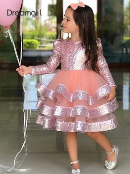 Dreamgirl Bir Çizgi Çiçek Kız Elbise Pembe Pullu Balo Katmanlı Düğün Parti Elbise Glitter Bebek Kız Elbise Diz Boyu elbise 15