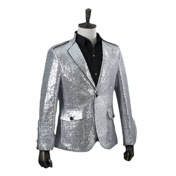 Erkek Pullu Ceket Moda Sequins Takım Elbise Blaze Erkek Giyim Gümüş Erkek Blazers Erkek Takım Elbise Erkek Elbise Ceket Düğün Takım Elbise HİP HOP