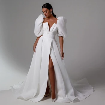 Basit V Yaka Yarım Puf Kollu Yarık Pleats Lace Up A-Line düğün elbisesi gelinlikler Vestido De Noiva 14