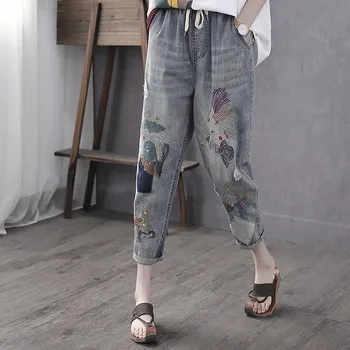 Yeni Yaz Sanat Tarzı kadın Vintage Nakış Ayak Bileği uzunlukta Gevşek Kot Rahat Elastik Bel Pamuklu Denim harem pantolon A10 5