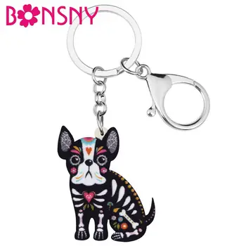 Bonsny Akrilik Cadılar Bayramı Çiçek Fransız Bulldog Köpek Anahtarlıklar Anahtarlık hayvan figürlü mücevherat Hediye Kadınlar Için Çanta Çanta Aksesuarları 8