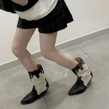 2022 Kadın Botları Beyaz Kovboy Vintage Batı Ayak Bileği Kısa kovboy çizmeleri Retro Yüksek Top Ayakkabı Kadınlar için Topuk ile Kız Kazaklar 8