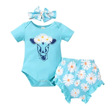 Lioraitiin 0-24 M Yenidoğan Bebek Bebek Kız 3 Adet Kıyafet Setleri Kısa Kollu Bull Başkanı Baskılı Romper Papatya Çiçek Baskı Şort Takım Elbise 18