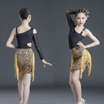 2021 Kızlar Latin Dans Elbise Leopar Püskül Yarışması Elbiseler çocuk kolsuz üstler Etek Setleri Sahne Performansı Kostüm 10