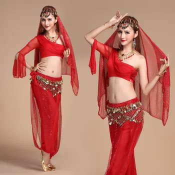 2017 Yeni Seksi Oryantal Dans Kostüm Set 5 ADET(Üst+Pantolon+Bel Zinciri+peçe+Bilezik çifti) Bollywood / Hint Dans Kostümleri Giyim 2