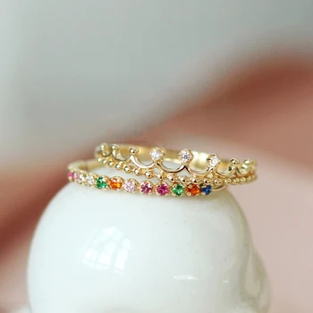 Gökkuşağı serisi taç yüzük çok renkli tam elmas kristal tatlı ışık lüks narin charm açılış ayarlanabilir takı 10