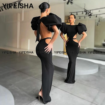 Yipeisha Jewel Puf Kollu Siyah Abiye Kat Uzunluk Mermaid Balo Yarık Seksi Backless Parti Elbise Vestido de Festa 18