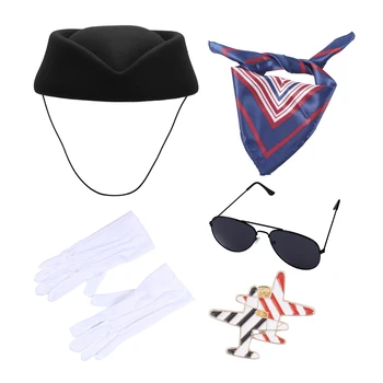 Profesyonel Kıyafetleri Hostes Kostüm Aksesuarları Saten Kare Eşarp Aviator Şapka Eldiven Güneş Gözlüğü + Korsaj Rozeti Cosplay Seti 12