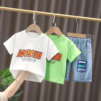 Yaz Çocuk Erkek Kız Bebek pamuklu giysiler T Shirt Kot Şort Kot 2 adet / takım Toddler Moda Giyim Bebek Eşofman 2