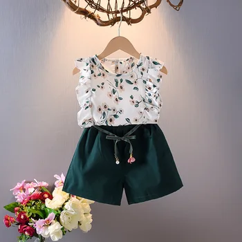 Toddler Kız Kolsuz Elbise Seti 0-2T Kız Fırfır Takım Elbise 2 ADET Çiçek Baskılı Yaz Moda papyon Giyim 6
