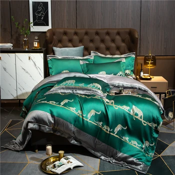 Lüks Yeşil Leoparlar İpliği boyalı Jakarlı Saten Zanaat nevresim takımı Yorgan yatak örtüsü seti çarşaf Yastık Kılıfı Ev Tekstili Kral Kraliçe 1