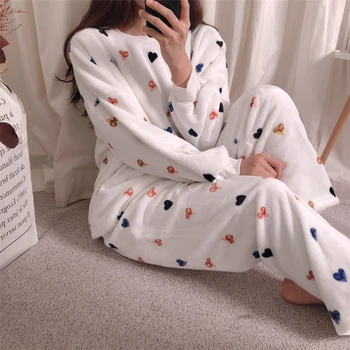 Kış Pazen Pijama Seti Bayan Pazen Aşk Pijama Kalın Sıcak Gecelik Takım Elbise Salonu Aşınma Yuvarlak Boyun Tam Boy Pijama 16