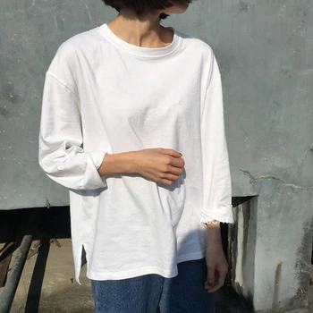 T-shirt Kadın Uzun Kollu Katı Bayan Giyim Üst Bayan Moda Gevşek Basit Öğrenci Tüm Maç Tee Kore T-Shirt Harajuku 12