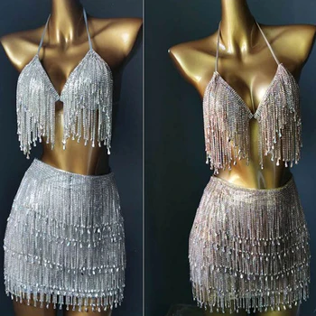 Bikini Akşam Parti Seti Bling Diamante Karnaval Sutyen Kırpma Üst Kristal Etek Rave Festivali Giyim Seti Yanan Adam Kıyafet gece elbisesi 9