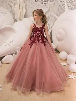 Şeftali Zarif Çiçek Kız Elbise Aplikler Kolsuz Tül Bir Çizgi Kat Uzunluk İlk İletişim Elbise 16