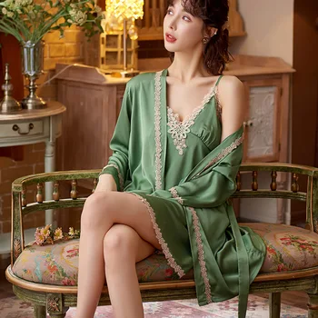 Kadın Buz Ipek 2 ADET Bornoz Seti Çin Retro Klasik Tarzı Robe elbise Sevimli Kimono Bornoz gece elbisesi Rahat Gecelik Pijama 8