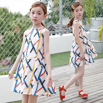 Yeni 2020 Çocuk Kız yaz elbisesi Bebek Kolsuz Baskılı Prenses Elbiseler Gençler İçin Giyim çocuk plaj bir çizgi elbiseler 12
