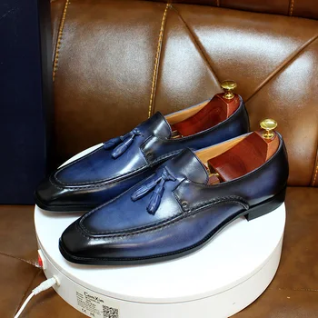 Büyük Boy 6-13 Moda Erkek Püskül loafer ayakkabılar Erkekler Vintage Hakiki Deri Elbise Ayakkabı Erkekler İçin İş Parti Düğün Ayakkabı 10