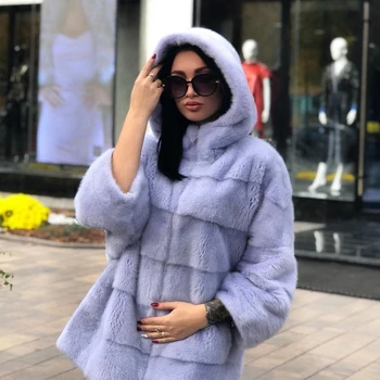 Açık Mor Doğal Vizon Kürk kapüşonlu ceket Kış sıcak Kürk Palto Lüks Kadın Rahat Hakiki Vizon Kürk Palto Orta uzunlukta 11