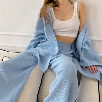 Pijama Takım Elbise Kadınlar İçin Pamuklu Gazlı Bez Pijama Pantolon İle Rahat V Yaka Ev Giysileri İki Adet Uyku Seti Gevşek Gecelik 12