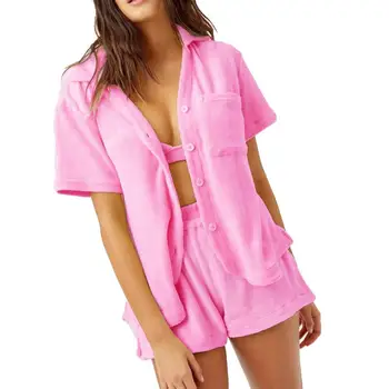 Yeni 2021 Gecelik Kadın Kıyafetleri Kısa Kollu Düz Renk Tek göğüslü Tişört Üst Gevşek Şort İki Adet Set Kadın Pijama Seti 19