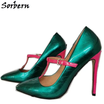 Sorbern Yeşil T-Kayışı Kadın Pompaları Yüksek Topuk Stilettos Ayakkabı Bayanlar parti ayakkabıları Özel Renkler Ilmek Kadın parti ayakkabıları Sarı
