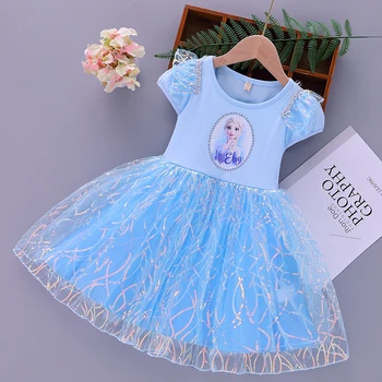 Dondurulmuş Elsa Prenses Kız Glitter Örgü Elbise Kısa Kollu Elbise Çocuk Çocuk Kostümleri Bebek Tulum Vestidos Bebe Elbiseler 16