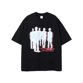 Yüksek Sokak Baskı Yıkanmış Siyah Vintage Sıkıntı T-Shirt Erkekler Retro 2022 Yaz Büyük Boy pamuklu üst giyim Tees Streetwear Hip Hop 12