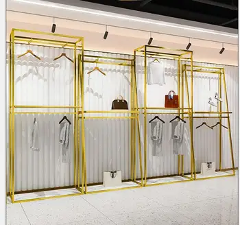 Paslanmaz çelik giyim mağazası vitrin rafı zemin tipi çift katmanlı altın ekran asılı giysi rafı ayakkabı ve giyim mağazası 4