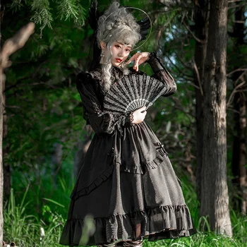 2021 Yüksek Yaka Büyük Dantel Şifon İçi Boş Kollu Lolita Tarzı Retro İlkbahar Yaz Yeni Lolita Elbise 10
