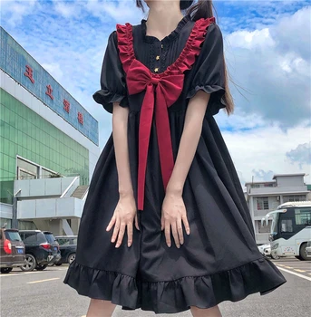 Gotik Lolita Elbise Japon Koyu Harajuku Moda Tatlı İlmek İnce Elbise Kawaii Kız Yaz Yeni Stil