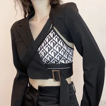 Kısa Katı Siyah Blazer Kadın Çentikli Yaka Uzun Kollu Hollow Out Moda Sonbahar 2021 Kadın Yeni Giyim İnce Bayanlar Blazers 14