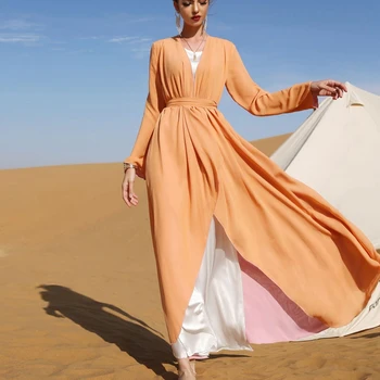 Wepbel Çift Katmanlı Abaya Müslüman Elbise Kimono Şifon İki Tonlu İki Taraflı Uzun Kollu Hırka Elbise İslam Giyim Ramazan 7