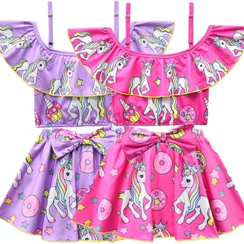 Çocuk Sevimli Unicorn Mayo Bebek Kız için 2 Adet Elbise Askı Üstleri Yay Kısa Etek Kızlar 2021 Yaz Mayo 3-10Y 17
