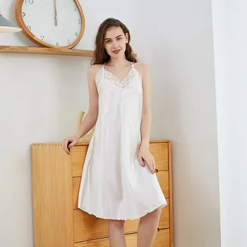 Bayan Dantel Beyaz Gecelik Uyku Elbise Rayon Spagetti Kayışı Gecelik Seksi Samimi İç Çamaşırı Pijama Yaz Gecelik Kıyafeti  19