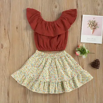 2 ADET Toddler Kız yaz kıyafetleri Kolsuz Düz Renk Fırfır Kırpma Üstleri + Çiçek Etek Seti Çocuk Kız Giysileri