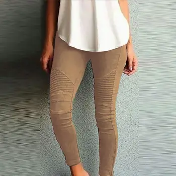 Moda mujer Color sólido elástico cintura ajustado lápizZ66 pantalón Leggings pantalones apilados para las mujeres Skinny lápiz 4