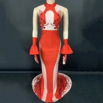 Parlak Kırmızı Rhinestone Kolsuz uzun elbise Eldiven Gece Kulübü Bar Kadın Şarkıcı DJ DS Seksi Kostüm Sahne doğum günü elbiseleri DNV13733 10