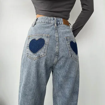 Düz Bacak Kot Kadın Yüksek Bel Kalp Cepler Casual Uzun pantolon Yeni Streetwear Kadın Denim Pantolon Pantalon Femme 6