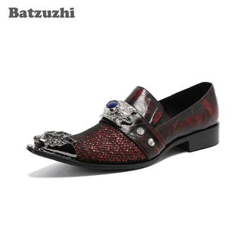 Batzuzhi İngiliz Tipi erkek ayakkabıları Lüks El Yapımı Parlak Kırmızı Deri Elbise Ayakkabı Erkekler Sivri Metal Ucu Parti ve Düğün Ayakkabı! 12