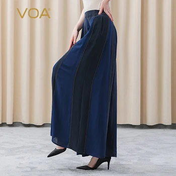 VOA 30 m / m İpek Lacivert Yumru Ekleme Bahar Kadın Pantolon KE268 Sarı İplik Dekoratif Streetwear Geniş Bacak Pantolon kadınlar için 6