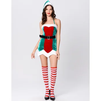 Noel Elbise Yetişkin Kadın Seksi Bayanlar Cosplay Oyunu Noel Baba Hoodie Kostümleri Kadın Akşam parti giysileri Şerit Uzun Çorap 14