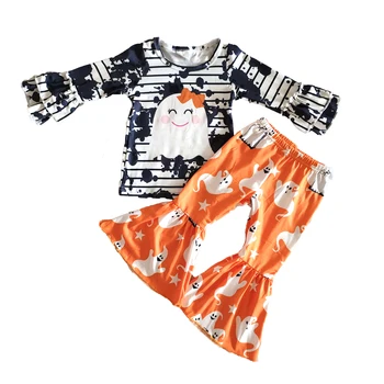 Yeni varış moda sonbahar çocuk kıyafet kız fırfırlı üst ve çan pantolon giyim seti çizgili tasarım Cadılar Bayramı seti 12