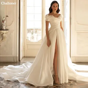 Challoner Zarif Saten düğün elbisesi Kadınlar Için Kısa Kollu Aplikler Gelin Törenlerinde Basit Beyaz Yan Bölünmüş Backless Custom Made 19