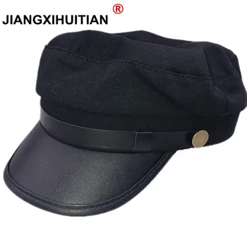 2018 satış moda yün bere kap kadın erkek donanma şapka deri vizör ile açık seyahat şapka kadın kış sıcak kapaklar 19